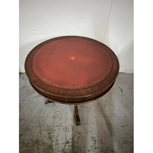 8 - Mahogany Drum centre table with leather top, Dia 92cm X H 72cm