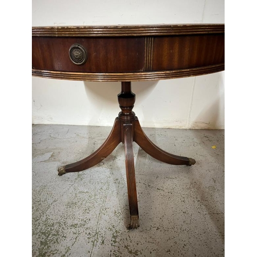 8 - Mahogany Drum centre table with leather top, Dia 92cm X H 72cm