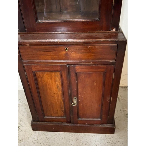 9 - Glazed mahogany bookcase with cupboard under - no key and locked, H186 X W53 X D34 cm
