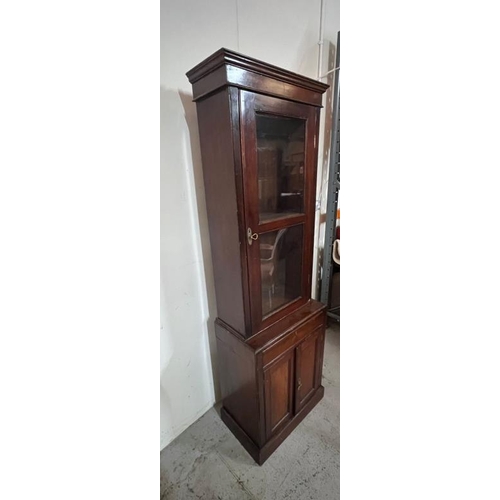9 - Glazed mahogany bookcase with cupboard under - no key and locked, H186 X W53 X D34 cm
