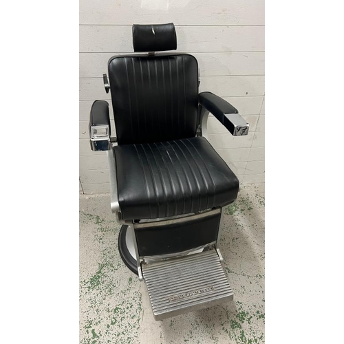 115 - Belmont barber chair, iconic design black leather on signature frame and padded arm rest with chrome... 