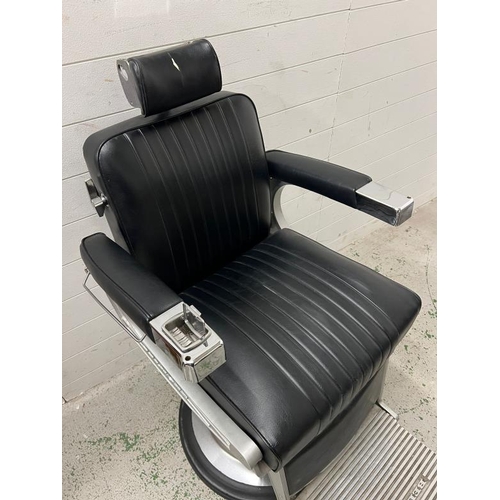 115 - Belmont barber chair, iconic design black leather on signature frame and padded arm rest with chrome... 