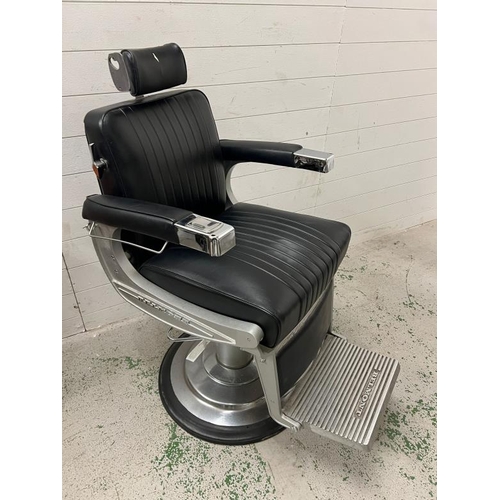 115 - Belmont barber chair, iconic design black leather on signature frame and padded arm rest with chrome... 