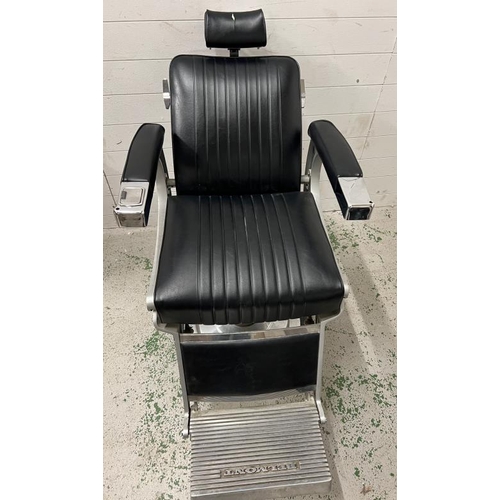 115 - Belmont barber chair, iconic design black leather on signature frame and padded arm rest with chrome... 