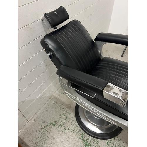 115 - Belmont barber chair, iconic design black leather on signature frame and padded arm rest with chrome... 