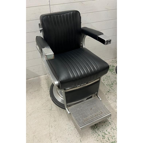 116 - Belmont barber chair, iconic design black leather on signature frame and padded arm rest with chrome... 