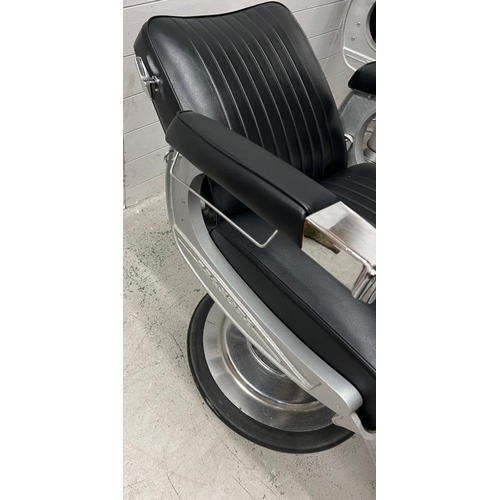 116 - Belmont barber chair, iconic design black leather on signature frame and padded arm rest with chrome... 