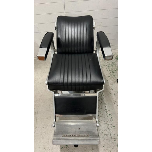 116 - Belmont barber chair, iconic design black leather on signature frame and padded arm rest with chrome... 