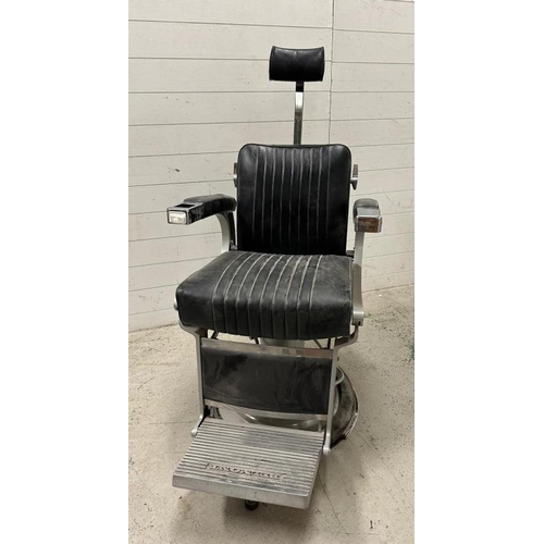 120 - Belmont barbers chair, iconic design black leather on signature frame and padded arm rest with chrom... 