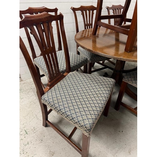 121 - A mahogany twin pedestal dining table with two carvers and six chairs (H73cm W165cm D106cm)