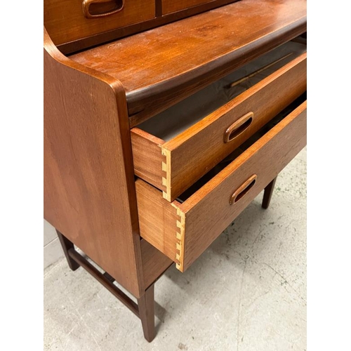 15 - Mid Century teak bureau desk, sliding door to front and three drawers under (H125cm W77cm D41cm)