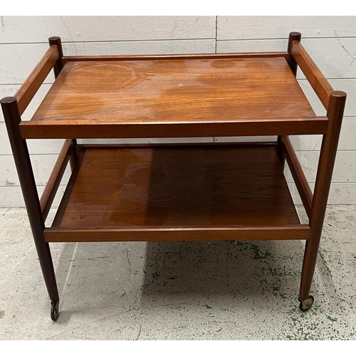 16 - Scandinavian Mid Century teak trolley or bar trolley with two tiers on wheels (H65cm W71cm D47cm)