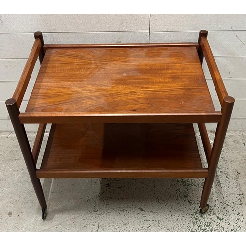 16 - Scandinavian Mid Century teak trolley or bar trolley with two tiers on wheels (H65cm W71cm D47cm)