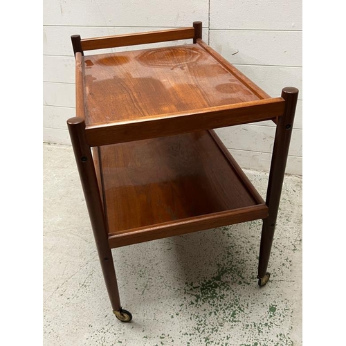 16 - Scandinavian Mid Century teak trolley or bar trolley with two tiers on wheels (H65cm W71cm D47cm)