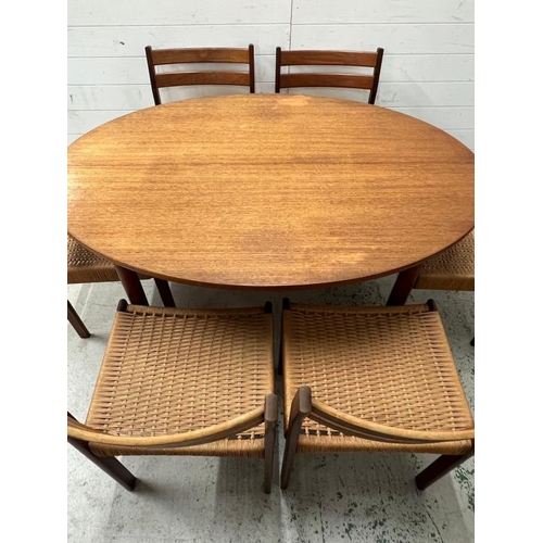 25 - A set of six Danish teak and cord dining chairs in the style of Arne Hovmand Olsen for Mogens  Kold,... 