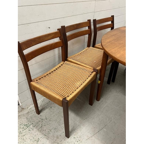 25 - A set of six Danish teak and cord dining chairs in the style of Arne Hovmand Olsen for Mogens  Kold,... 