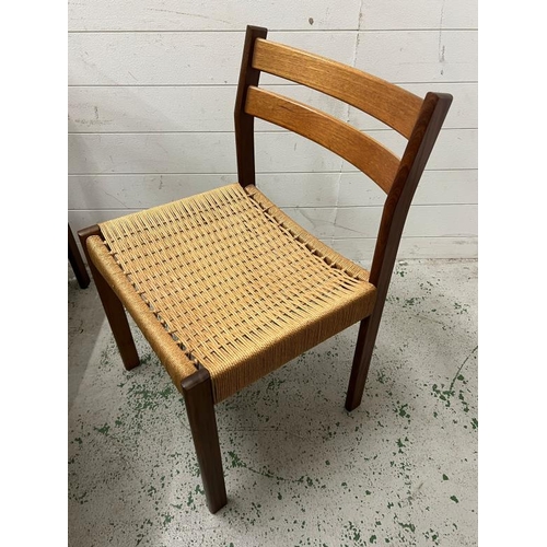 25 - A set of six Danish teak and cord dining chairs in the style of Arne Hovmand Olsen for Mogens  Kold,... 