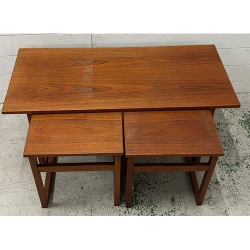 26 - Teak nest of tables, one long coffee table with two matching tables under (Larges H44cm W100cm D44cm... 