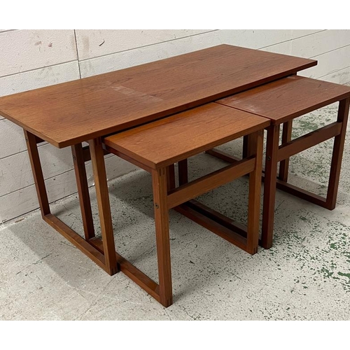 26 - Teak nest of tables, one long coffee table with two matching tables under (Larges H44cm W100cm D44cm... 