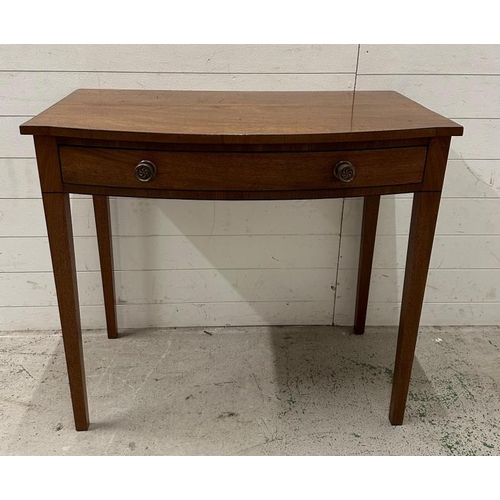 80 - A mahogany bow fronted serving table with ebony inlay and a single green felt lined drawer (H82cm W9... 