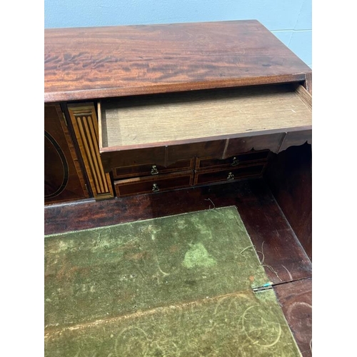 1 - A mahogany inlaid bureau opening to pigeon holes and drawers (H110cm W110cm D59cm)