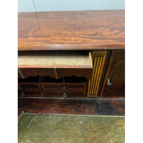 1 - A mahogany inlaid bureau opening to pigeon holes and drawers (H110cm W110cm D59cm)