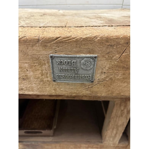 116 - A vintage Brookes Albion butchers block on pine base (H84cm W76cm D61cm)