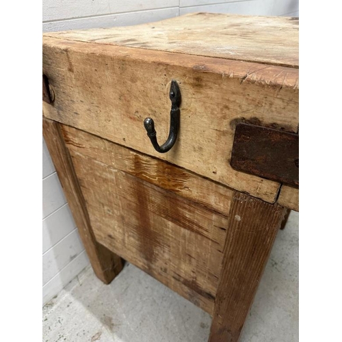 116 - A vintage Brookes Albion butchers block on pine base (H84cm W76cm D61cm)