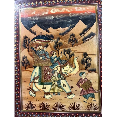 120 - A substantial Indian hardwood screen or room divider painted with rural Indian scenes featuring dign... 