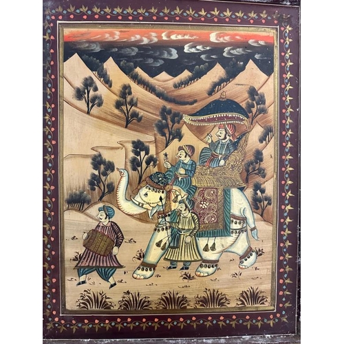 120 - A substantial Indian hardwood screen or room divider painted with rural Indian scenes featuring dign... 