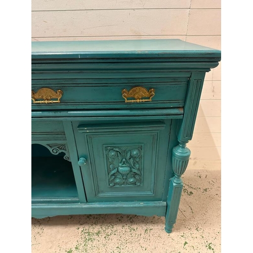 128 - A turquoise blue painted sideboard with two long drawers and two carved cupboards under (H97cm W153c... 