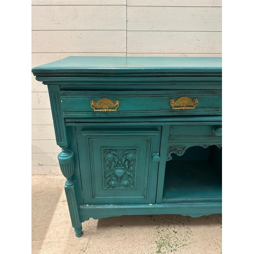 128 - A turquoise blue painted sideboard with two long drawers and two carved cupboards under (H97cm W153c... 