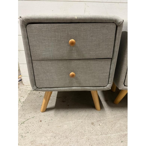 130 - A pair of Prado grey fabric two drawer bedside tables on splayed legs