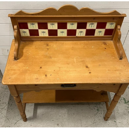 14 - A pine washstand with tiled back (H110cm W92cm D47cm)