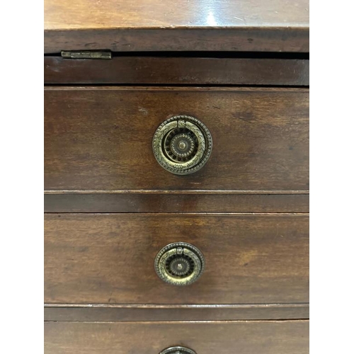 147 - A mahogany four drawer bureau, the fall opening to drawers and storage (H107cm W99cm D48cm)