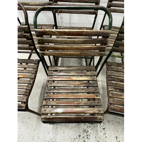 150 - A set of six PEL nesting chairs, tubular steel stacking frames with beech slats and distressed paint... 