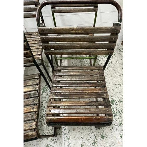 150 - A set of six PEL nesting chairs, tubular steel stacking frames with beech slats and distressed paint... 