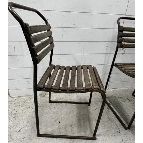 150 - A set of six PEL nesting chairs, tubular steel stacking frames with beech slats and distressed paint... 