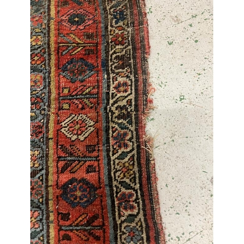 214 - Antique carpet/rug, three central medallions with a red boarder 294cm x 135cm