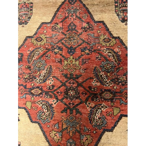 214 - Antique carpet/rug, three central medallions with a red boarder 294cm x 135cm