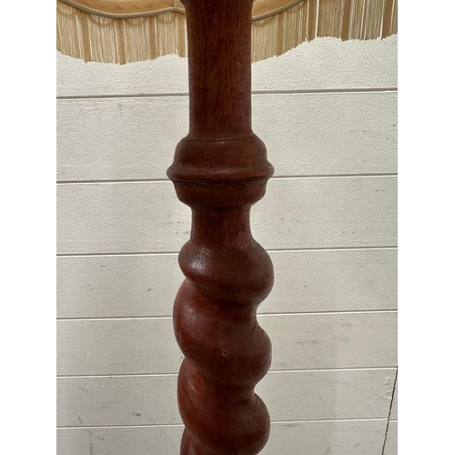 223 - An oak barley twist floor lamp on brass lions paw tripod legs