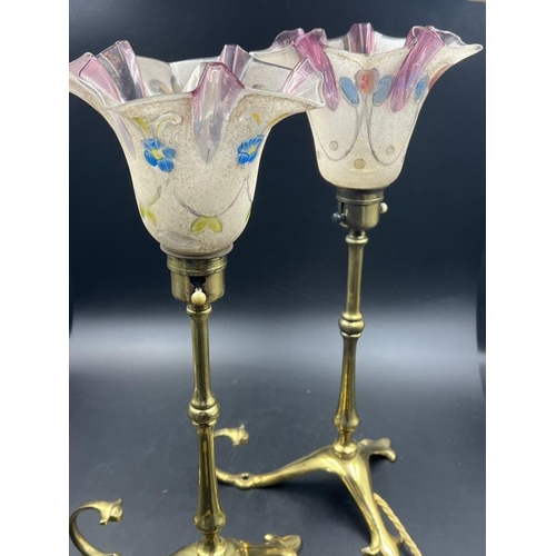 232 - A pair of Benson lamps with Vaseline glass shade and an Edwardian adjustable brass table lamp on tri... 