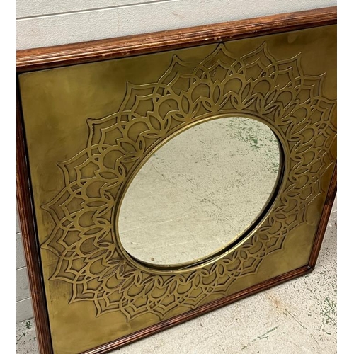 244 - A circular mirror, incased in brass style surround and wooden frame SQ52cm