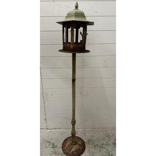 253 - A cast iron green pedestal garden bird feeder on an empire column and circular base H143cm