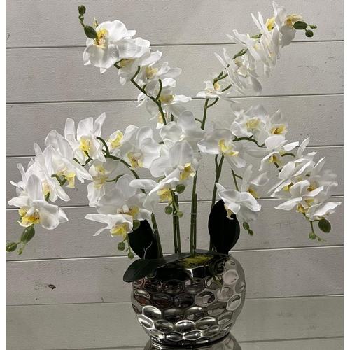 256 - An artificial white orchid plant with ceramic mirrored pot