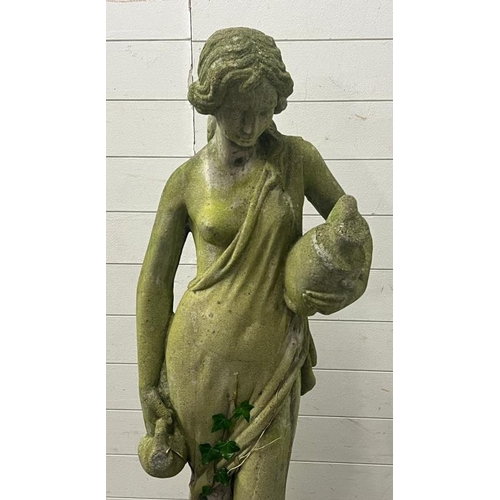 264 - A garden statue of a maiden on a raised plinth holding water jugs, reconstituted stone H126cm, plint... 