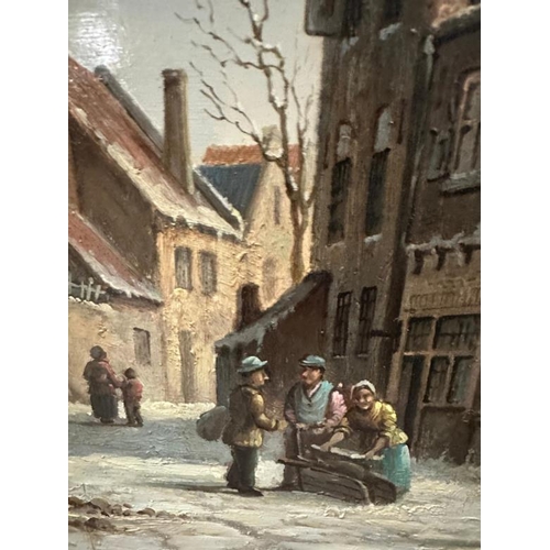 269 - An European school oil on board of a 19th Century street scene signed lower left 54cm x 63cm