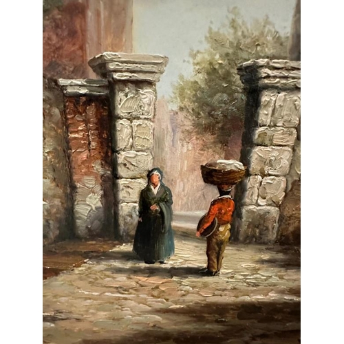 270 - An 19th Century style oil on panel of a townscape with figures to fore, signed R. Fainello lower rig... 