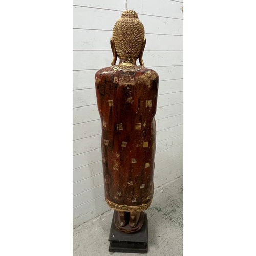 283 - A large standing Buddha in the peace pose, wooden sculpture on square base (H165cm W40cm)