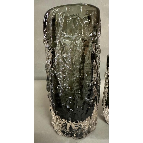 287 - Three pieces of White Friars glass in the pewter bark pattern by Geoffrey Baxter, two vases and an a... 